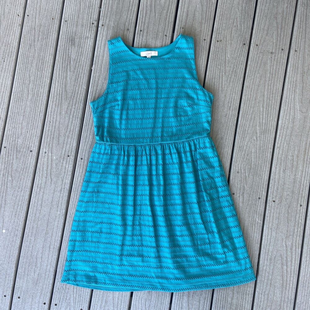 LOFT Sleeveless teal eyelet hole mini stretch dress L office summer career work